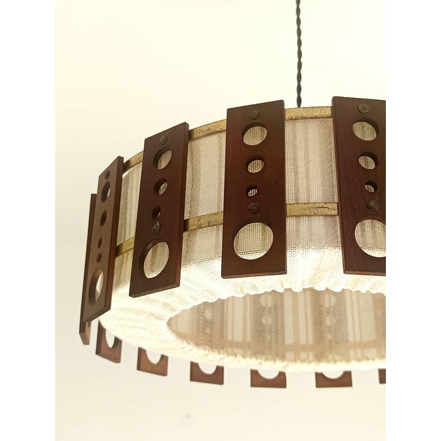 1960s Scandinavian Teak and Fabric Pendant Light, 1960 For Sale - Image 5 of 11