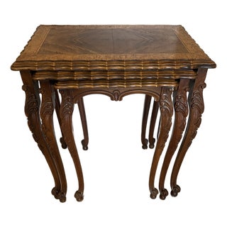 Set of 3 1930s Carved Burr Walnut Nesting Tables For Sale