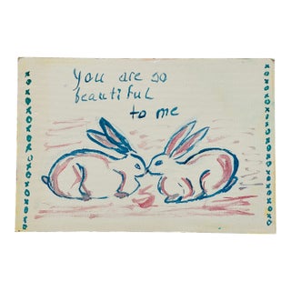 1970s Original Romantic Rabbits Sketch Painting Oil on Board For Sale