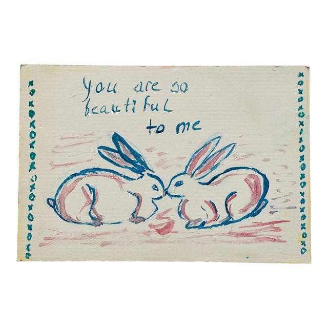 1970s Original Romantic Rabbits Sketch Painting Oil on Board For Sale
