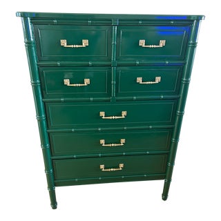 1970s Henry Link Bali Hai Faux Bamboo High Gloss Green Highboy Dresser For Sale