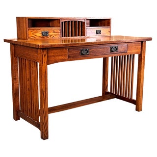 Vintage Stickley Style Mission Arts & Crafts Solid Oak Writing Desk W/ Organizer For Sale