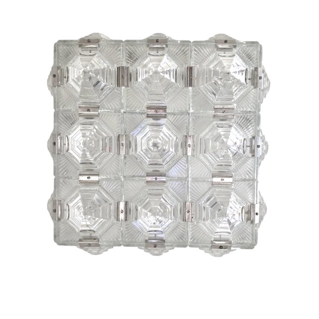 Mid 20th Century Art Deco Revival Geometric Glass Flush Mount /Ceiling Pendant W/ Nickeled Clips For Sale - Image 4 of 16