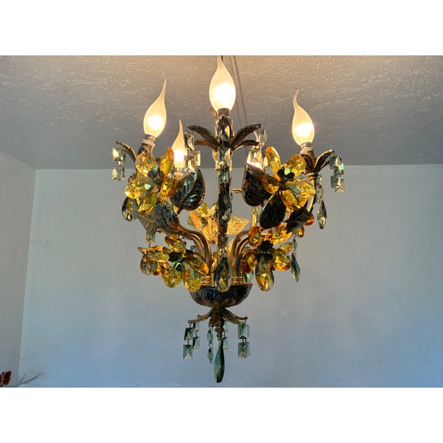 Vintage Hand-Painted Floral Crystal Chandelier | Amber & Green Glass Flowers | Classic Brass Ceiling Light | Restored Antique Lighting For Sale - Image 13 of 17