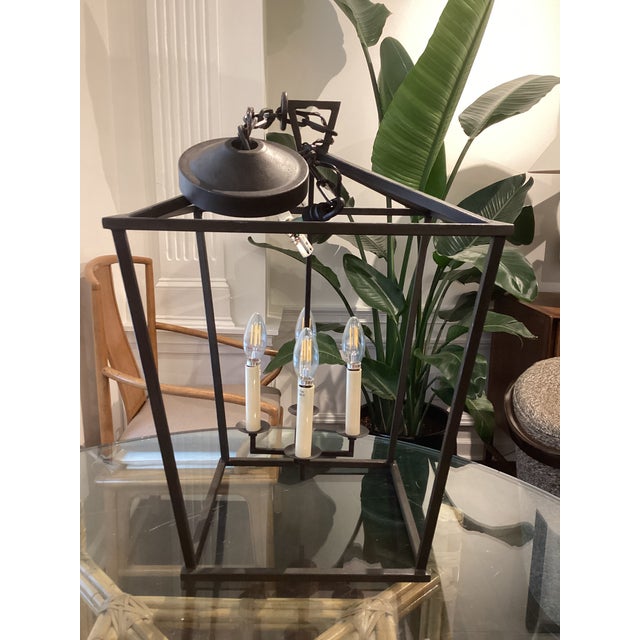 Modern Modern Black Iron Four-Light Lantern Pendant Chandelier With Chain Suspension For Sale - Image 3 of 6