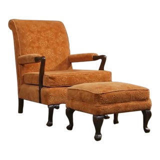 MCM Victorian-Style Carved Walnut Armchair and Ottoman For Sale