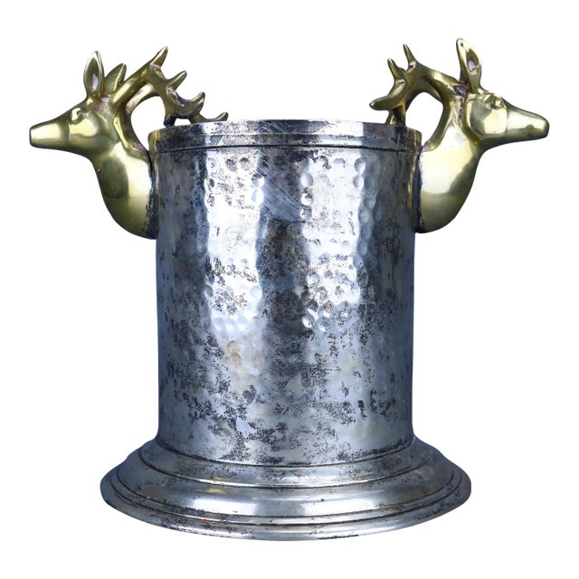 Vintage Wine Coaster Holder Hammered Silver Metal and Brass Deer Head Handles For Sale