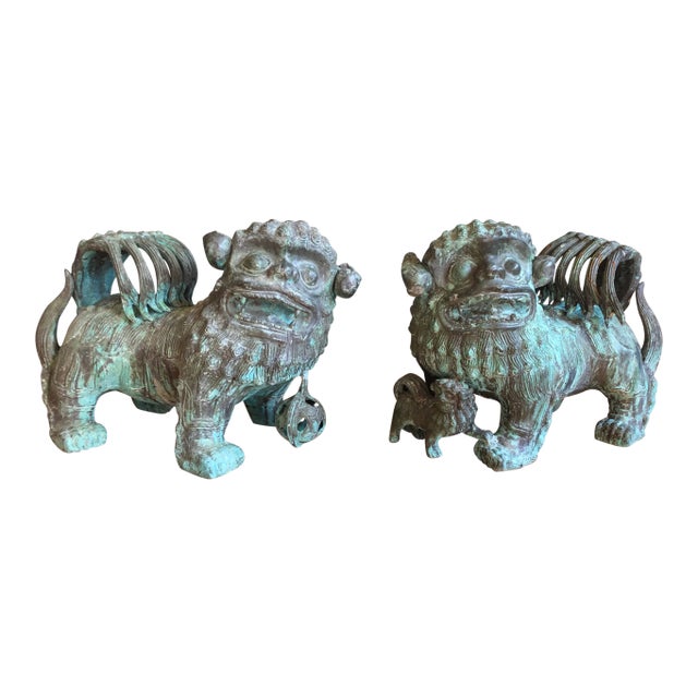 Monumental Antique Chinese Bronze Indoor Outdoor Foo Dogs - a Pair For Sale