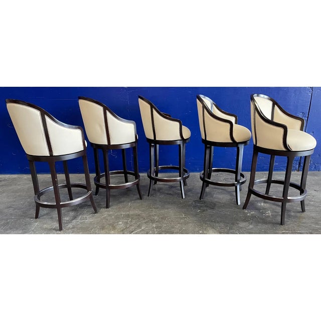 2010s Dark Mahogany Finish & Majilite Cream Nytex Upholstered Levant Barstools Set of 5 From the Madeline Stuart Collection For Sale - Image 5 of 12