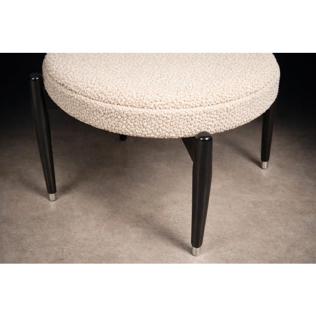 Móveis Cimo Móveis Cimo Round Stool in Ebonized Wood With Metal Sabots, Brazil, 1950s — Newly Upholstered in Warm Ivory Bouclé For Sale - Image 4 of 9