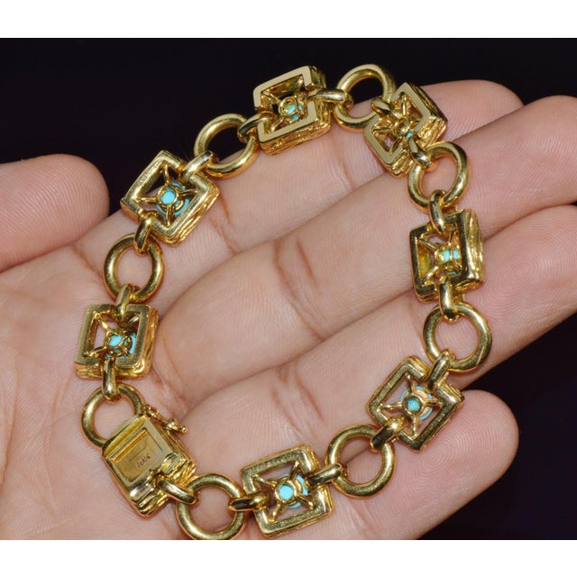 Blue Vintage Mid-Century Solid 18k Gold & Natural Persian Turquoise Bracelet For Sale - Image 8 of 11
