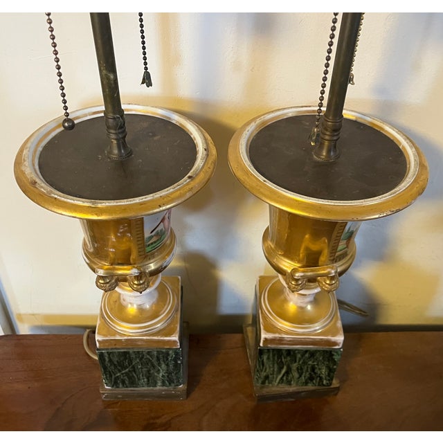 Antique Early 19th Century Old Paris Porcelain Urn Vases Decorated With Gardeners Now Mounted as Table Lamps - A Pair For Sale - Image 11 of 16
