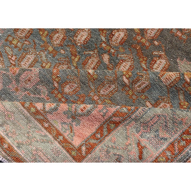 Antique Persian Gallery Malayer Rug With Geometric Design in Gray-Blue and Pink For Sale - Image 11 of 12
