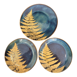 Handmade Stoneware Platter and Plates in Fern Pattern From Kaleidoscope Pottery of New England - Set of 3