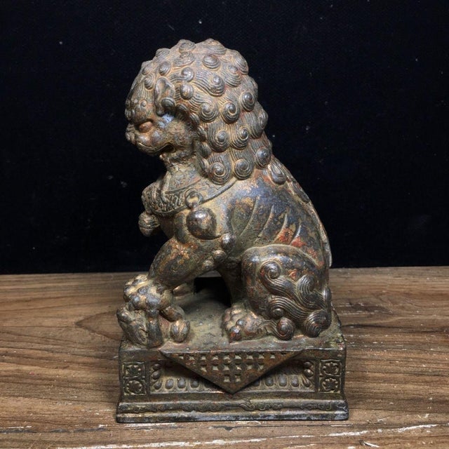 Pair of Vintage Bronze Guardian Lion Statues on Decorative Bases For Sale - Image 9 of 9