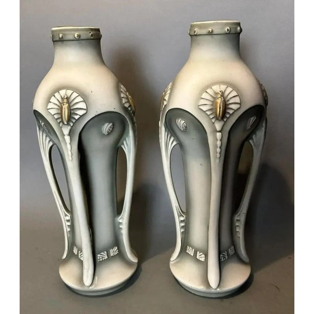 Art Nouveau Antique Art Nouveau Amphora Style Art Pottery Buttress Vases- Set of 2 For Sale - Image 3 of 12