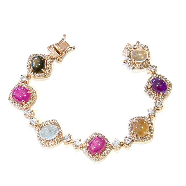 Gemstone Bochic “Capri” Vintage Multi Fancy Sapphire & Ruby Bracelet Set In 18K & Silver For Sale - Image 7 of 9