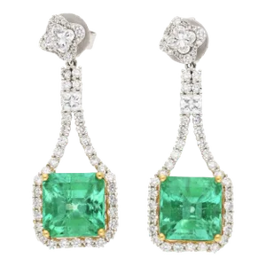 15 Carat Colombian Minor Oil Emerald & Diamond Dangle Earrings in 18k White Gold - 2 Pieces