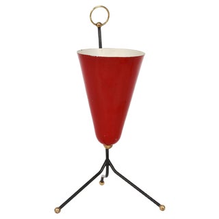 Italian Tripod Conical Red Lacquered Metal and Brass Table Lamp, 1950s For Sale