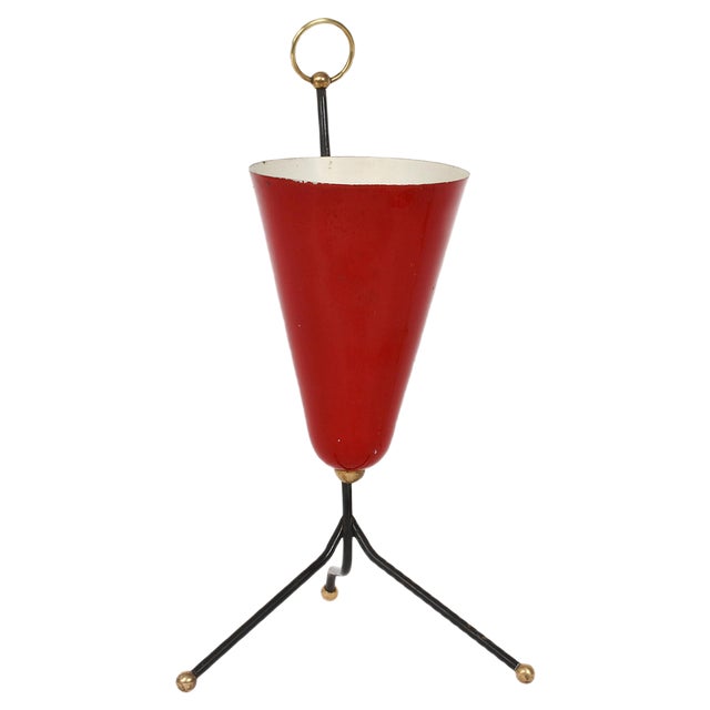 Italian Tripod Conical Red Lacquered Metal and Brass Table Lamp, 1950s For Sale