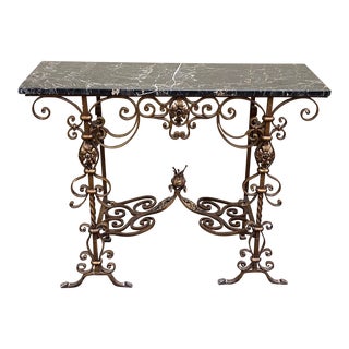 Vintage Gilded Wrought Iron & Marble Console Table C.1940 For Sale