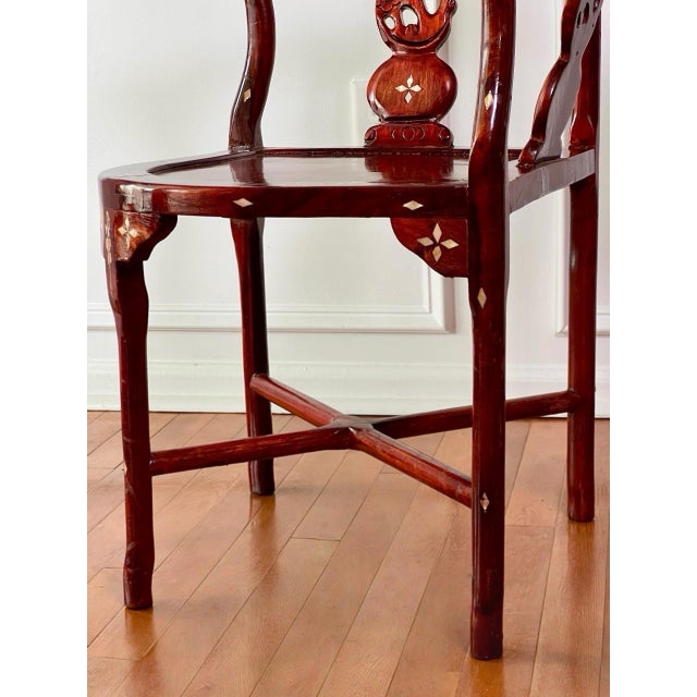 Pair of Chinese Rosewood Corner Chairs With Mother-of-Pearl Inlay, C. 1940 For Sale - Image 11 of 18