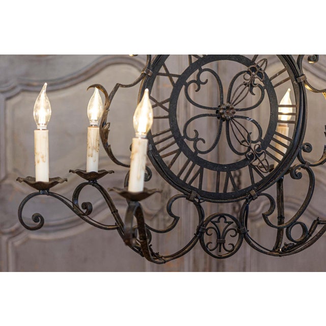 Black Mid 20th Century French Wrought Iron Six-Light Clock Face Chandelier with Scrolling Arms For Sale - Image 8 of 10