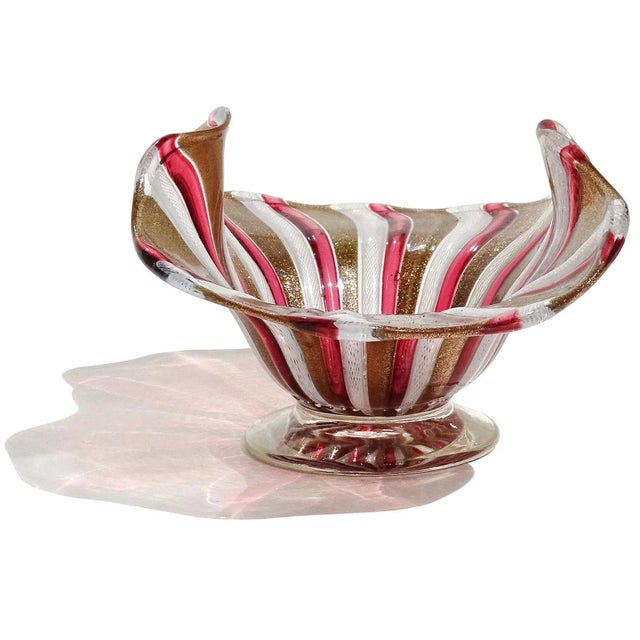 Vintage Italian Art Glass Footed Bowl Murano Glittery Copper Aventurine Pink Red White Ribbons Dish For Sale In Orlando - Image 6 of 8