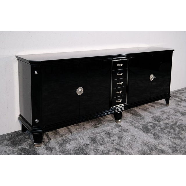 1930s Art Deco Sideboard, 5 Drawers in the Center, Black High-Gloss Lacquer with Metal Emblems, 1930s For Sale - Image 5 of 12