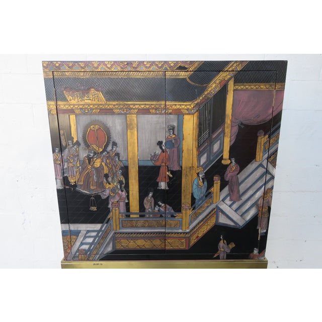 Maitland Smith Hand Painted Chinoiserie Cabinet Cupboard on Brass Stand 5442 For Sale - Image 15 of 18