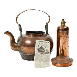 Antique Copper Teapot and Oil Lamp, Holland, Appelketel, Set of 2 For Sale