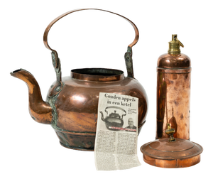 Antique Copper Teapot and Oil Lamp, Holland, Appelketel, Set of 2