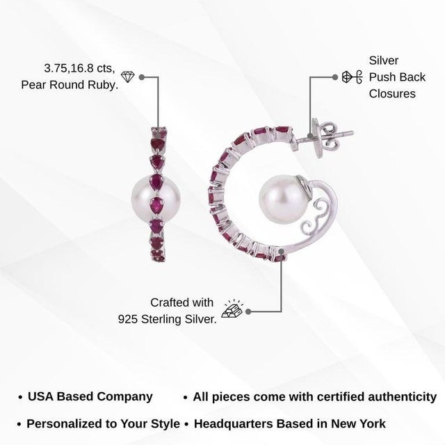 Natural Ruby & Freshwater Pearl Designer C Hoop Earrings in 925 Sterling Silver, A Pair For Sale - Image 12 of 15