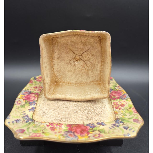 Vintage c.1934-1960"A"STAMP on Back Royal Winton Grimwades Square Cheese/Butter Dish With Domed Lid and Gold Trim For Sale - Image 12 of 18