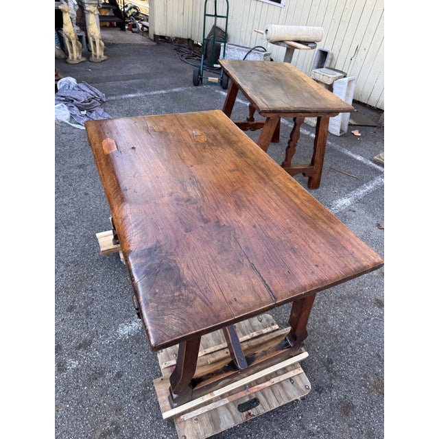 This is a lovely example of an 18th Century walnut console table/desk with unique trestle leg base. This table is a very...