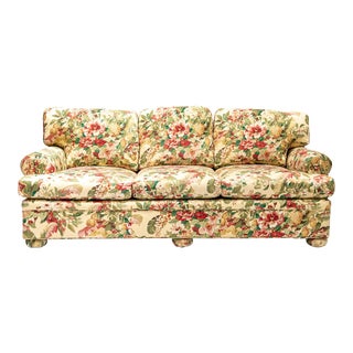 Vintage Buttercream Yellow Floral Damask Rolled Arms For Sale