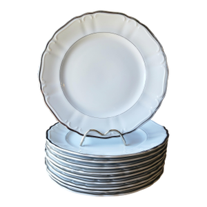 Vintage Mid-Century White & Silver Porcelain Dinner Plates -Set of 10