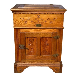 Late 19th Century Victorian Oak Floral Carved Ice Chest With Zinc Lining & Phoenix Head Hardware For Sale