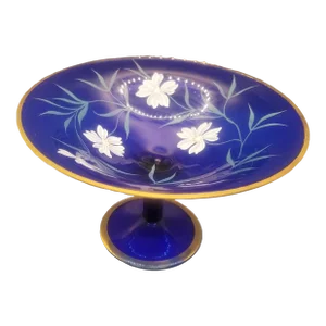 Vtg Cobalt Blue Enameled White Flowers and Gold Gilded Pedistal Glass