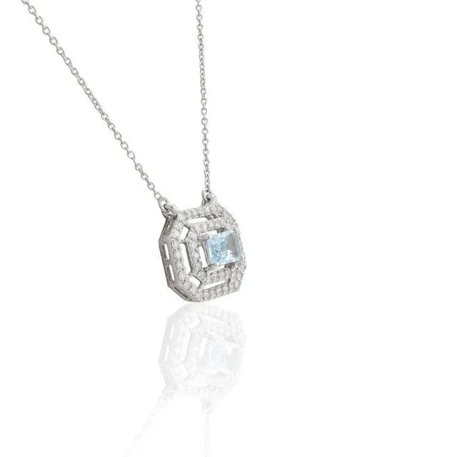 English Double Halo Diamond Accents With Natural Aquamarine 14k Gold Necklace For Sale - Image 3 of 11