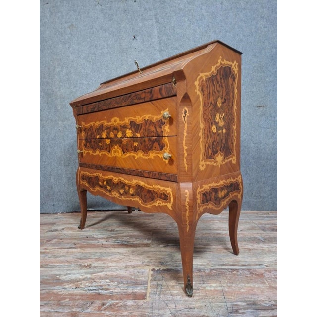 Wood Antique Louis XV Venetian Marquetry Slant-Front Desk Secretary For Sale - Image 7 of 14