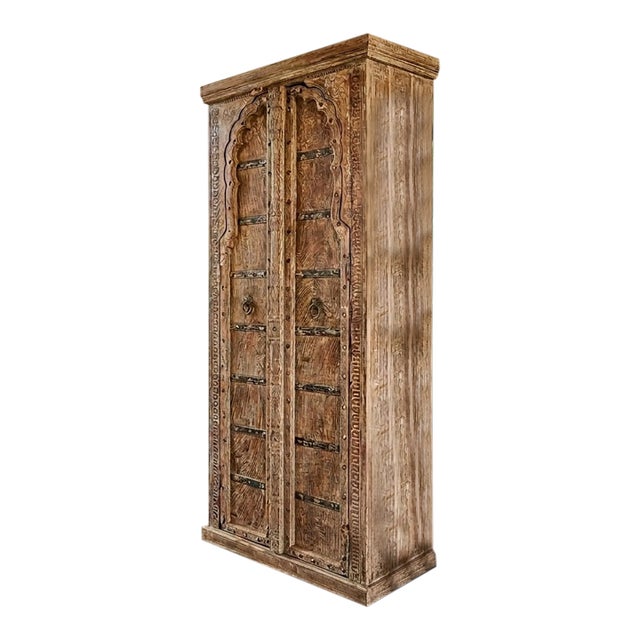 Antique-Inspired Arched Door Cabinet | Tall Limewashed Farmhouse Armoire With Rustic Patina 80x33 For Sale