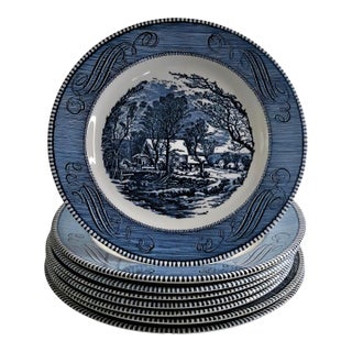 Mid 20th Century Currier & Ives Royal Usa Dinner Plates the Old Grist Mill Set of 8 For Sale