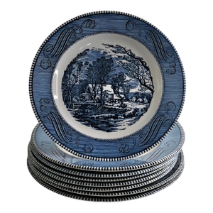 Mid 20th Century Currier & Ives Royal Usa Dinner Plates the Old Grist Mill Set of 8