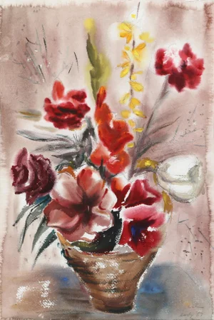 Eve Nethercott, Red Flowers in Basket (P1.7), Watercolor on Paper