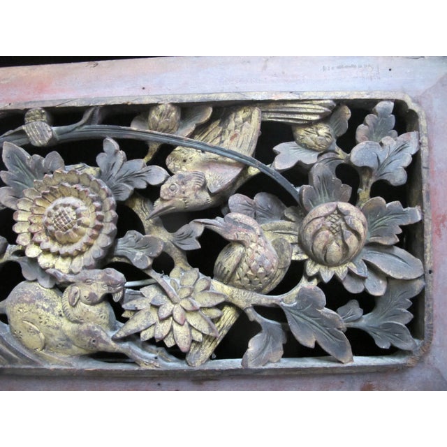 Chinese Carved Pierced Gilt Wood Goat Animal Flower & Bird Art Wall Panel For Sale - Image 4 of 7