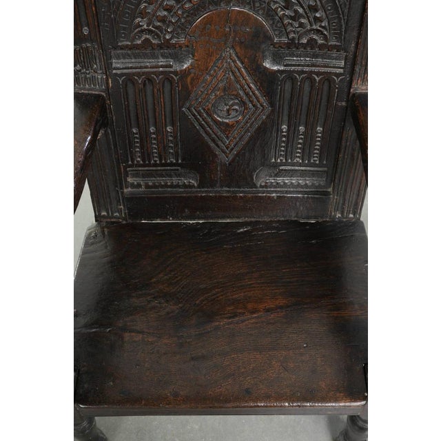 Antique English Oak Wainscot Chair with Wood Carving For Sale - Image 6 of 14
