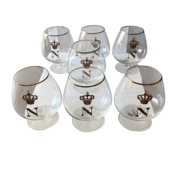 Gold Vintage French Empire Napoleon “N” in the Style of Baccarat Gilt Brandy Snifters, Set of 7 For Sale - Image 8 of 8