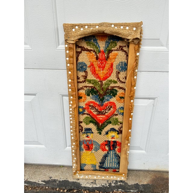 Mid 20th Century Scandinavian Folk Art Crewel Cross Stitch on Burlap For Sale In Milwaukee - Image 6 of 7