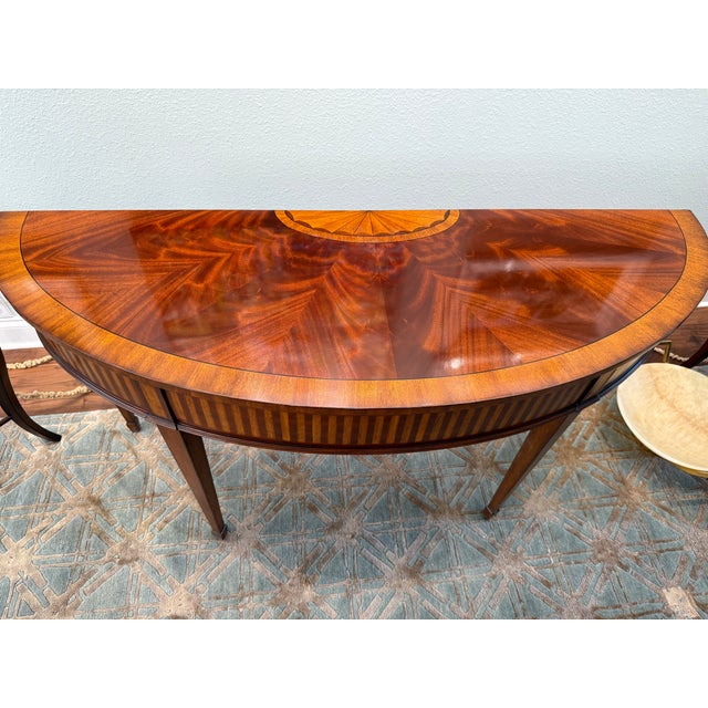 Ethan Allen Hepplewhite Style Inlaid Mahogany Demilune Console Table For Sale - Image 12 of 15